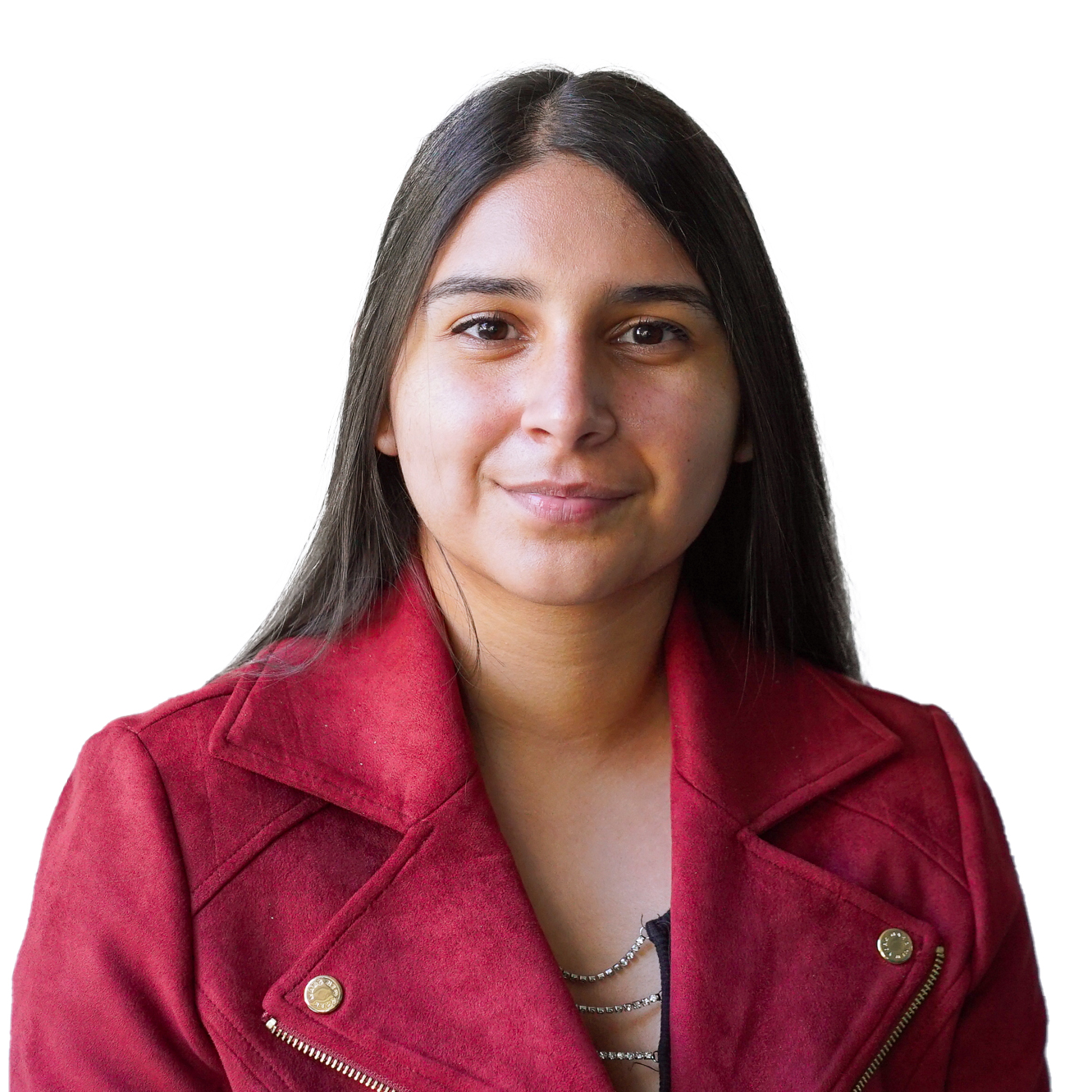 Jasmine smiling softly at camera wearing a red jacket