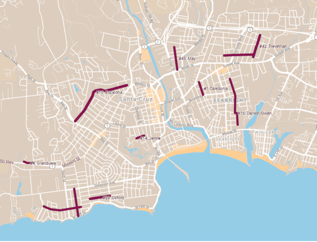 (The City of Santa Cruz’s Phase 1 Slow Streets, totaling 4.3 miles.)